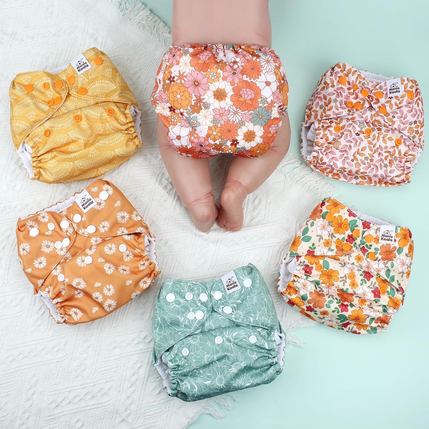 Mama Koala 3.0 Pocket Cloth Diapers for Babies with AWJ Lining, 6 Pack with 6 5-Layer Natural Cloth Diaper Inserts - Reusable and Washable Pocket Diapers(A-Little Daisies)