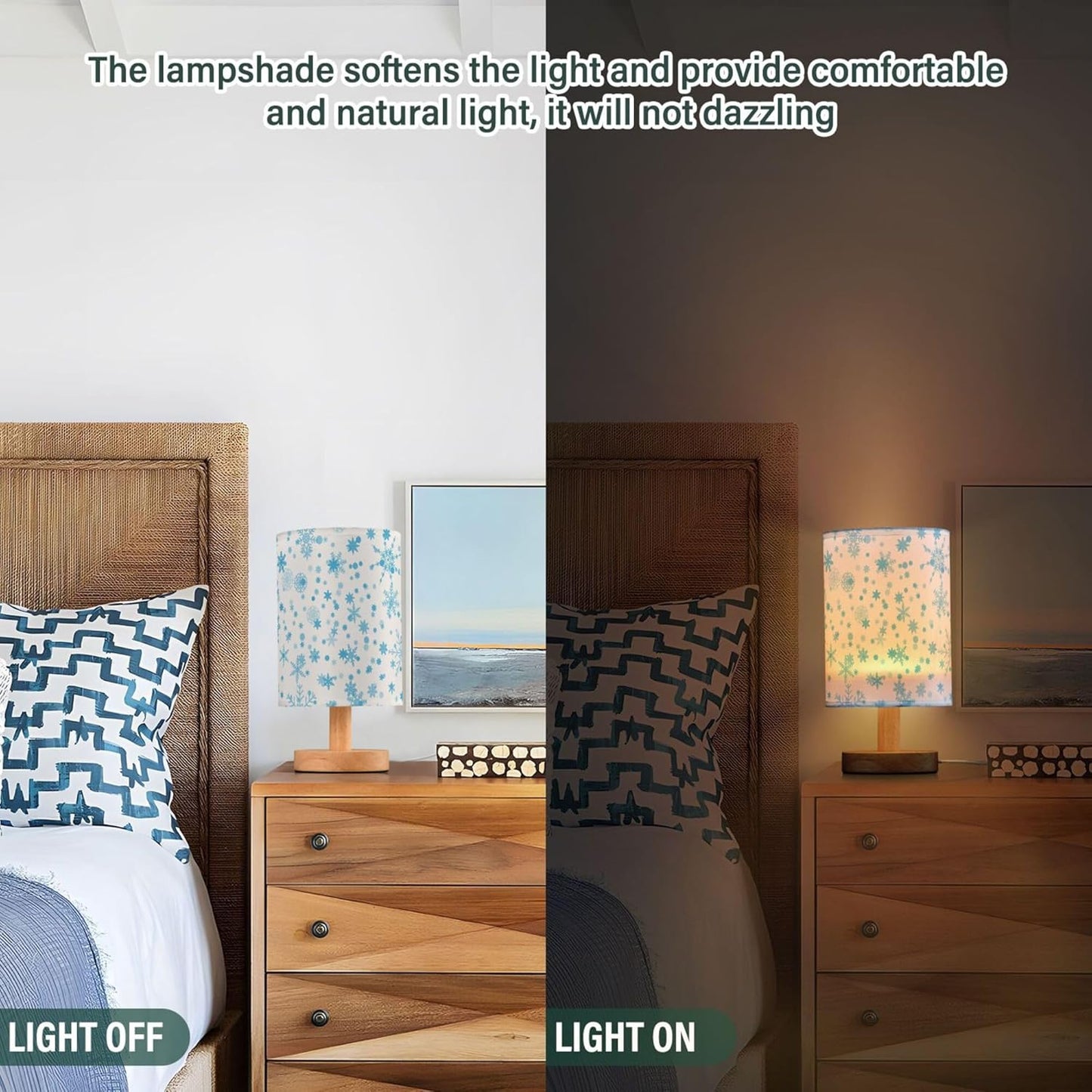 Table Lamp Blue Snowflake Pattern Snowy Christmas Frozen Xmas Holiday Decor Nightstand Lamp with Wood Base Fabric Lamp Shade Bedside Desk Lamp for Living Room Bedroom Kids Room Office
