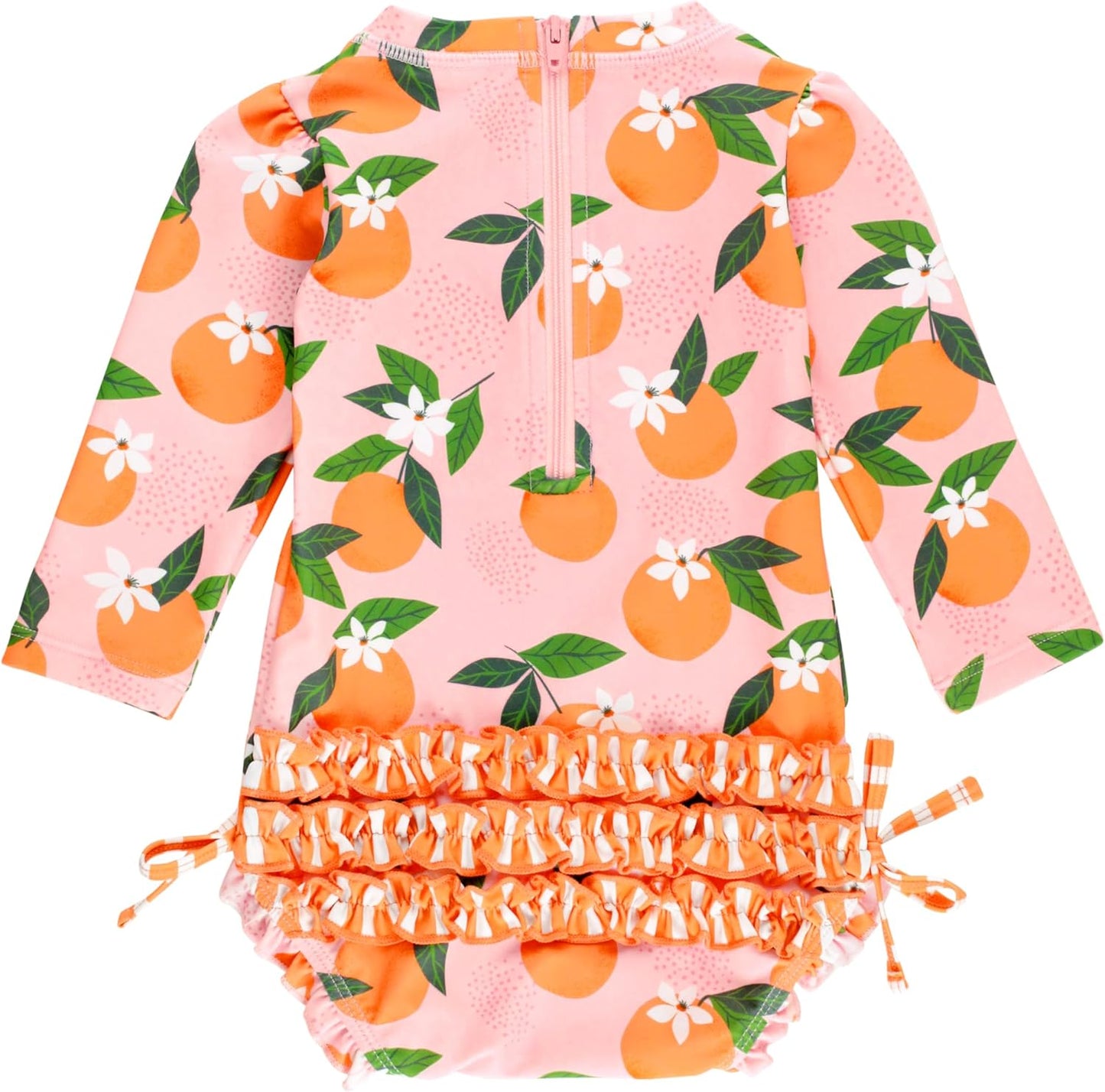 RuffleButts Baby Girls UPF 50+ Sun Protection Novelty Print Long Sleeve One Piece Rash Guard Swimsuit with Zipper