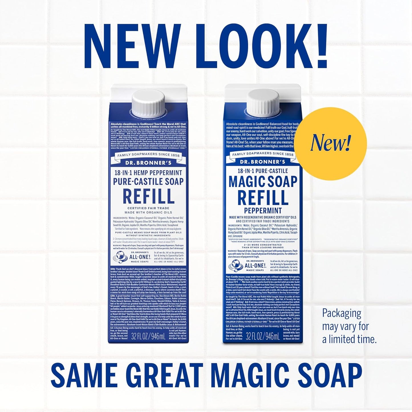 Dr. Bronner's Pure-Castile Liquid Magic Soap Bottle & Refill Carton - Made with Regenerative Organic Certified Oils- 18-in-1 Uses for Face, Body Wash, Hand Soap Refill- Peppermint, 32oz