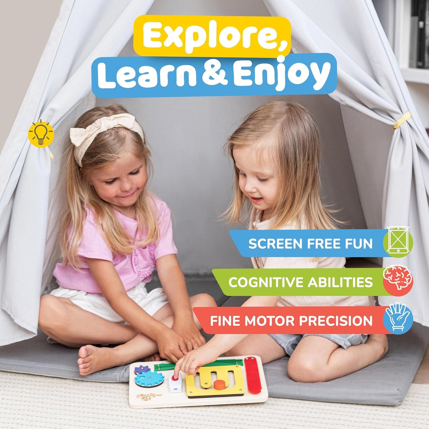 deMoca Sensory Busy Board for Toddlers, Premium Wooden Toddler Busy Board for 1 2 3 Year Old with 10 Educational Activities for Fine Motor Skills, Fidget Activity Toy for Travel Toy (Color)