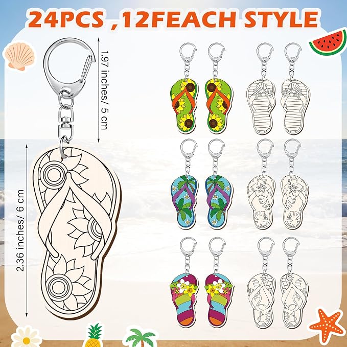 RattanView 24 Pcs Flip Flop Slipper Craft Color Your Own Keychains DIY Craft