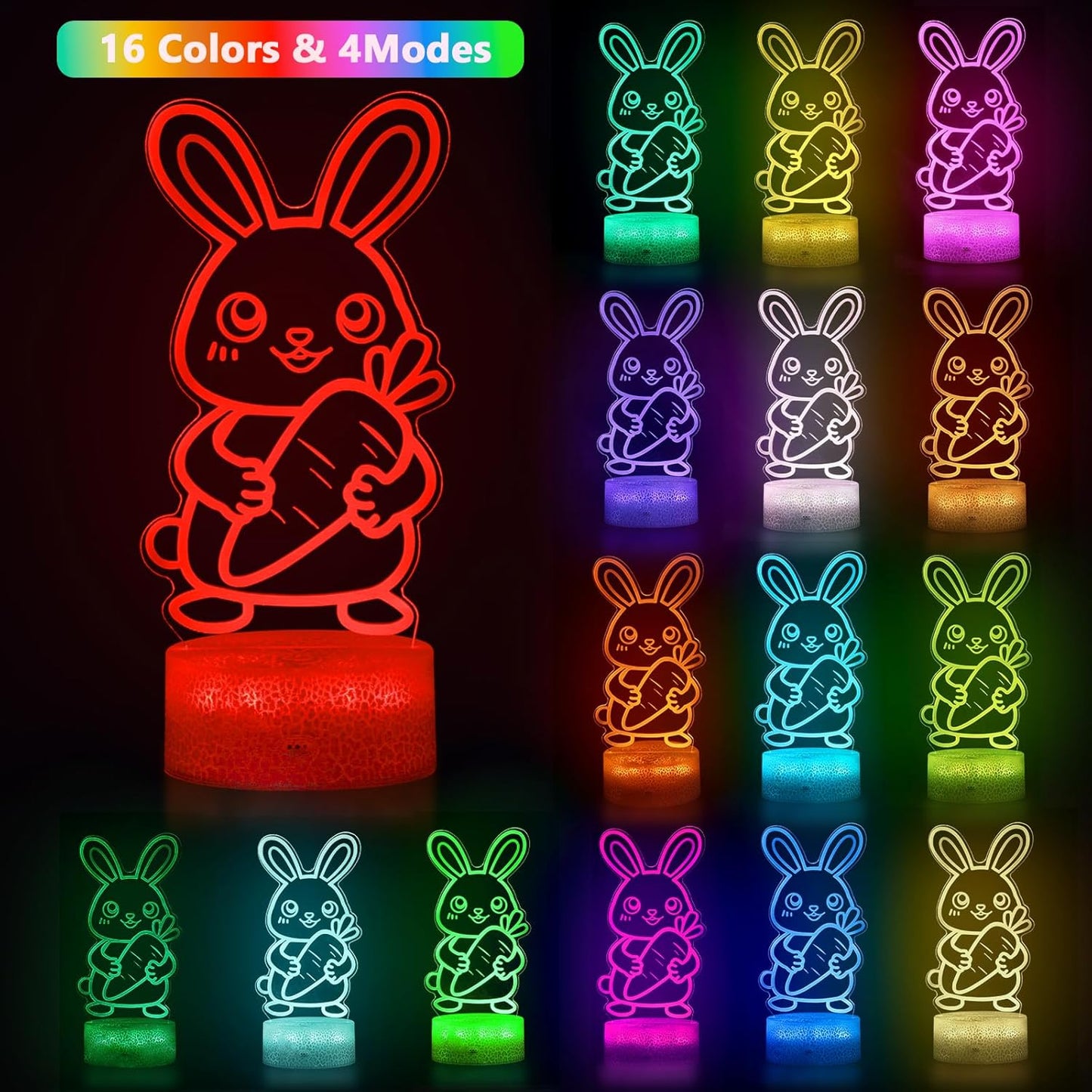 Cute Rabbit Night Light,Bunny 3D Lamp Girls Room Decor 16 Colors Changing for Kids Gifts for Christmas Birthday