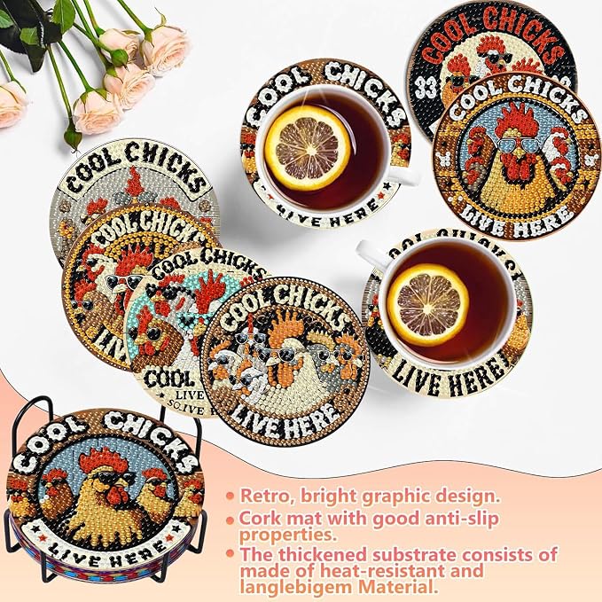 8 PCS Chicken Diamond Art Coasters Kits Diamond Painting Coaster | Diamond