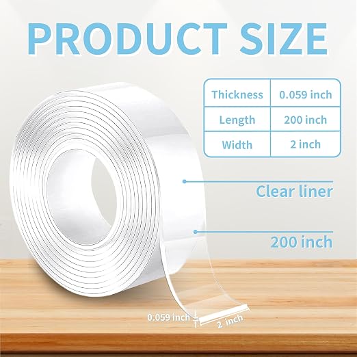 Heavy Duty Double Sided Tape, 2 x 200 in, 1 Pack | Removable washable nano gel
