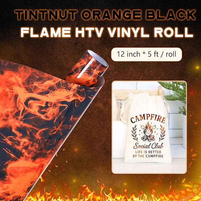Tintnut Orange Black Flame Heat Transfer Vinyl Roll, stretch washable, heat