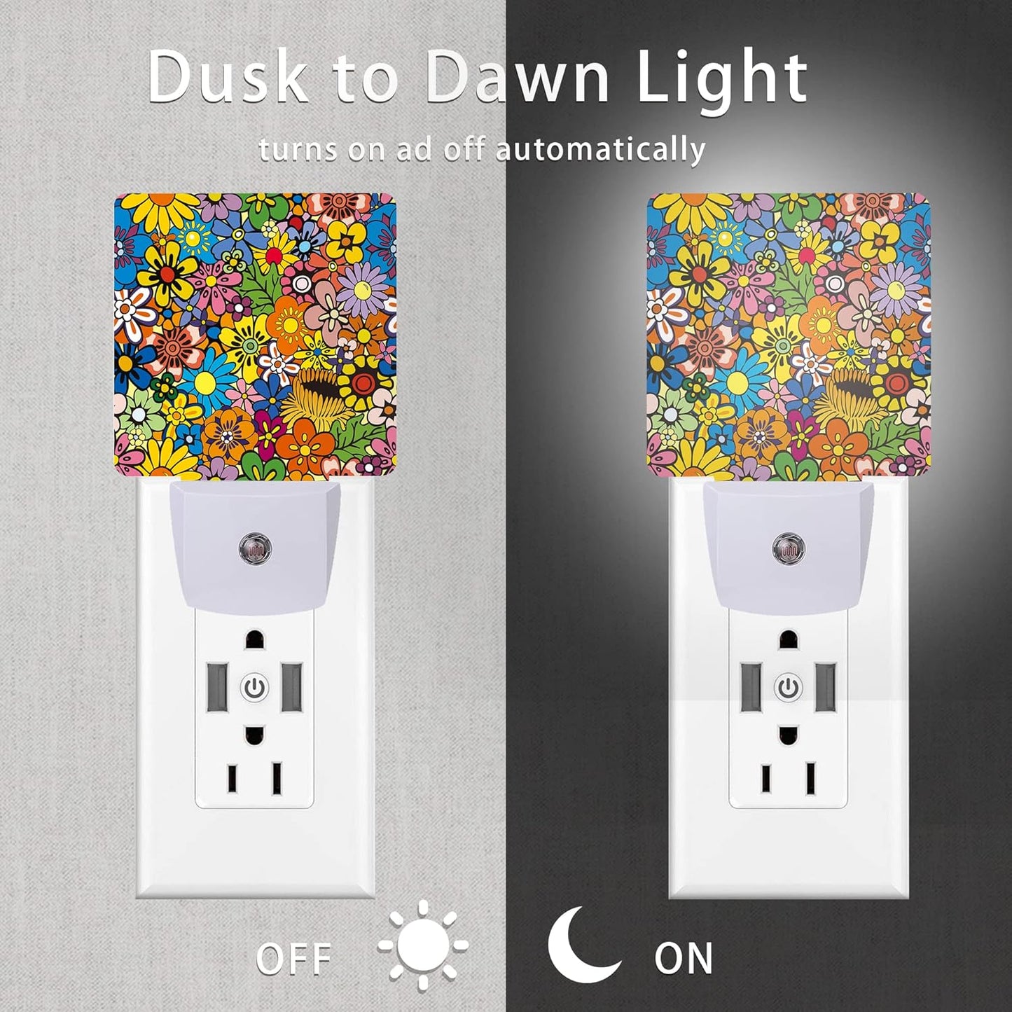 Hippies Flowers Night Light,Hippie Night Lights Plug into Wall 0.5W Sleep Friendly for Boys Girls Led Night Light Dusk to Dawn Sensor Nightlight for Stairway/Hallway/Bedroom