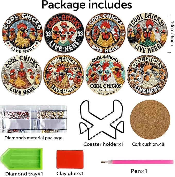 8 PCS Chicken Diamond Art Coasters Kits Diamond Painting Coaster | Diamond