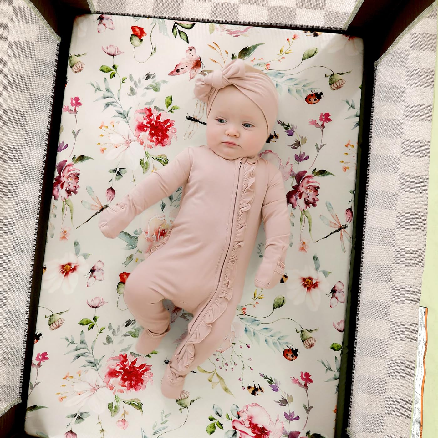 Fitted Pack n Play Sheets Set 2 Pack, Stretchy Ultra Soft Jersey Knit Portable/Mini Crib Sheets for Girls, Universal Fit for Pack N Plays Safe and Snug, Beautiful Flowers and Insects Pattern for Baby