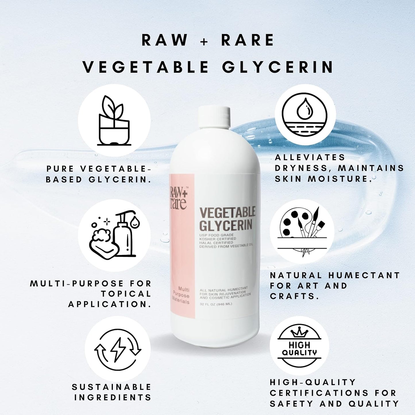 Vegetable Glycerin/Glycerine Quart (32 fl. oz.), Natural Pure USP Food Grade/Cosmetic Grade, for Skin, Hair, Crafts, Soap Base Oil - Kosher, Halal and Pharmaceutical for by Raw Plus Rare