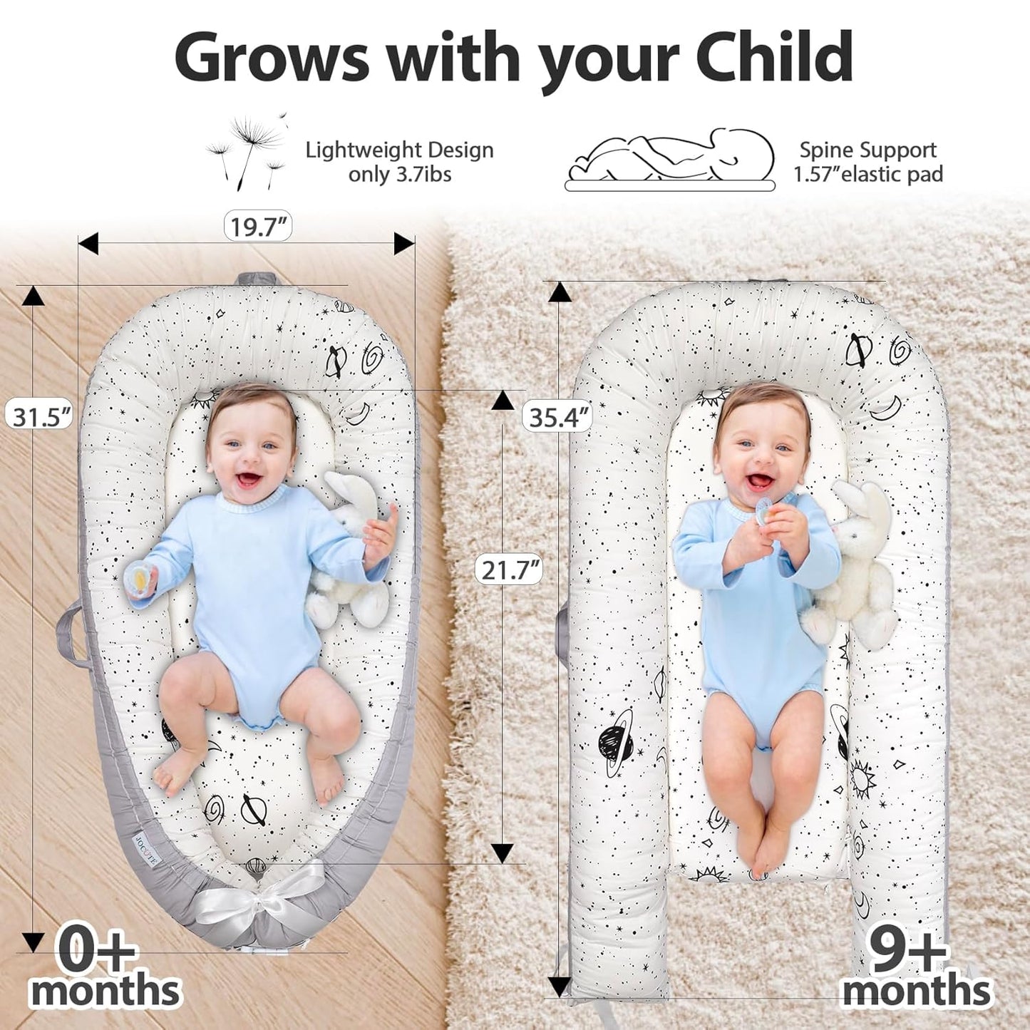 Baby Lounger | Organic Cotton Infant Lounger | Reversible, Adjustable & Portable Floor Lounger | Soft, Breathable, Washable Cover