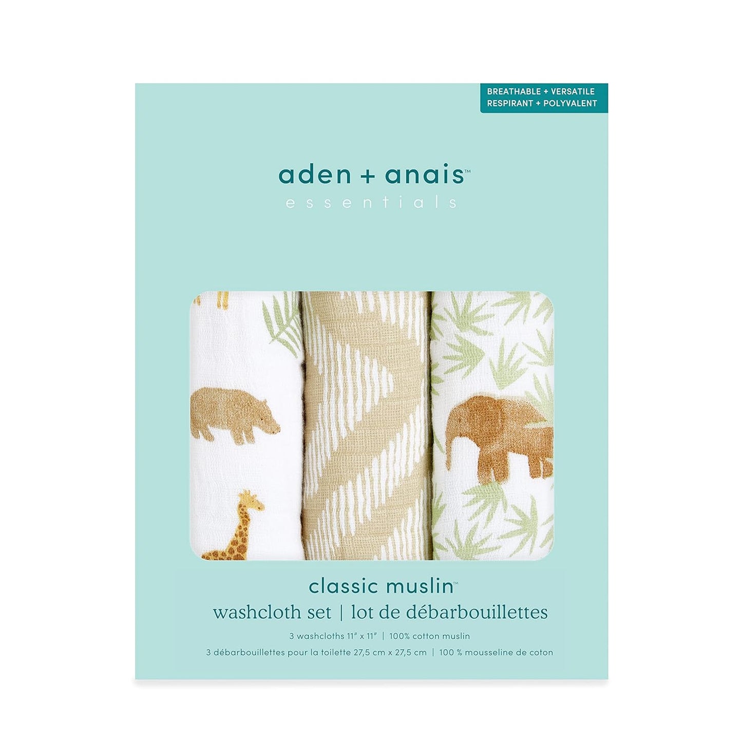 aden + anais Essentials Washcloth 3-Pack, Super Soft 100% Cotton Muslin, Gentle on Skin, 3 Absorbent 11x11 Layers, Softer with Every Use, Perfect for Babies, Infants, Toddlers, Tanzania