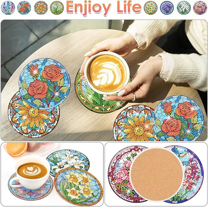ijbnhd 8 PCS Flowers Diamond Art Coasters | Diamond Painting Coasters Kits