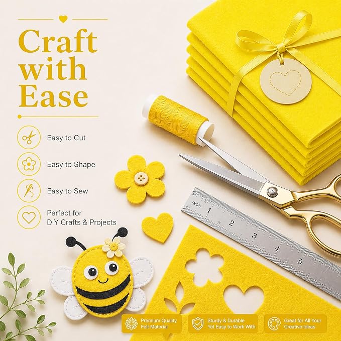 Bright Yellow Large Felt Fabric 36" x 36", 1mm Stiff Felt Sheet, Nonwoven Fabric