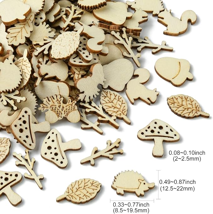 200 Pcs Unfinished Wooden Animal Plants Cutouts Squirrel Hedgehog Leaf Shapes