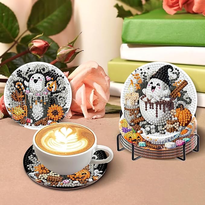 8 PCS Halloween Diamond Art Coasters Kits, Ghost Diamond Painting Coaster |