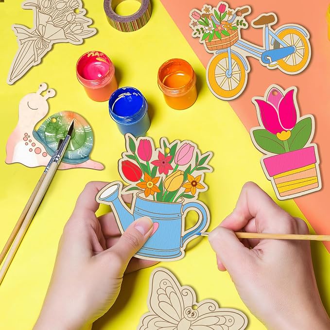 36 PCS Wooden Spring Ornaments to Paint, 12 Styles DIY Blank Unfinished Wood