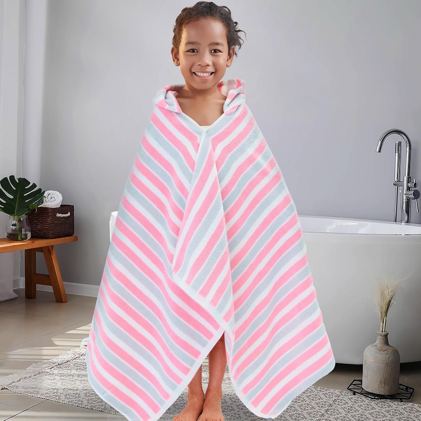 VOOVA & MOVAS Hooded Towels for Kids - 100% Cotton (3-10Years) - Quick Dry Absorbent Lightweight Wrap Towel for Pool | Swim | Beach | Bath, Girls, Pink Gray Stripe