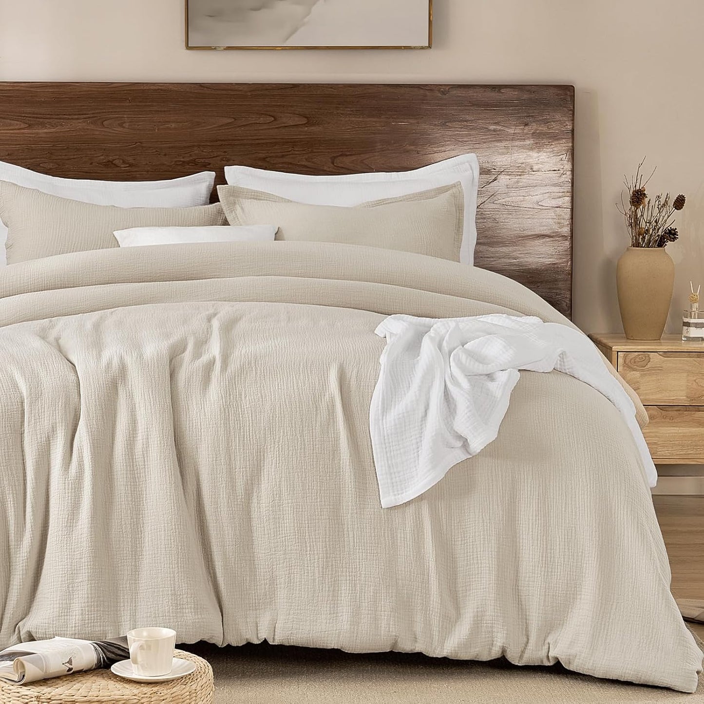 PHF Cotton Muslin Comforter Set King Size – Ultra Soft, Breathable & Lightweight Bedding Set for All Seasons, 3 Pieces - 1 Comfy Comforter 104"x90", 2 Pillow Shams 20"x36", Natural