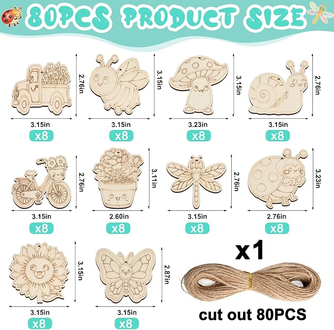 80PCS Unfinished Ornament Wood Crafts, Painting Blank Wooden Cutouts | DIY 10
