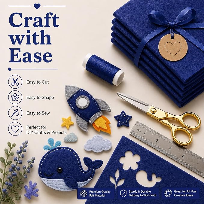 Navy Blue Large Felt Fabric 36" x 36", 1mm Stiff Felt Sheet, Nonwoven Fabric