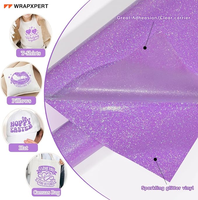 WRAPXPERT Lavender Glitter HTV Heat Transfer Vinyl Roll, Holographic Glitter