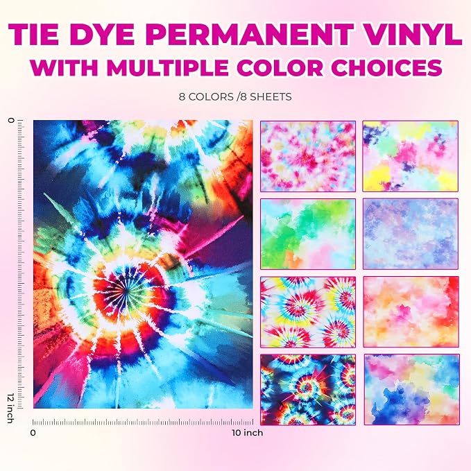 HTVRONT Tie Dye Permanent Vinyl 8 Sheets 12"x10" Patterned Adhesive Vinyl |