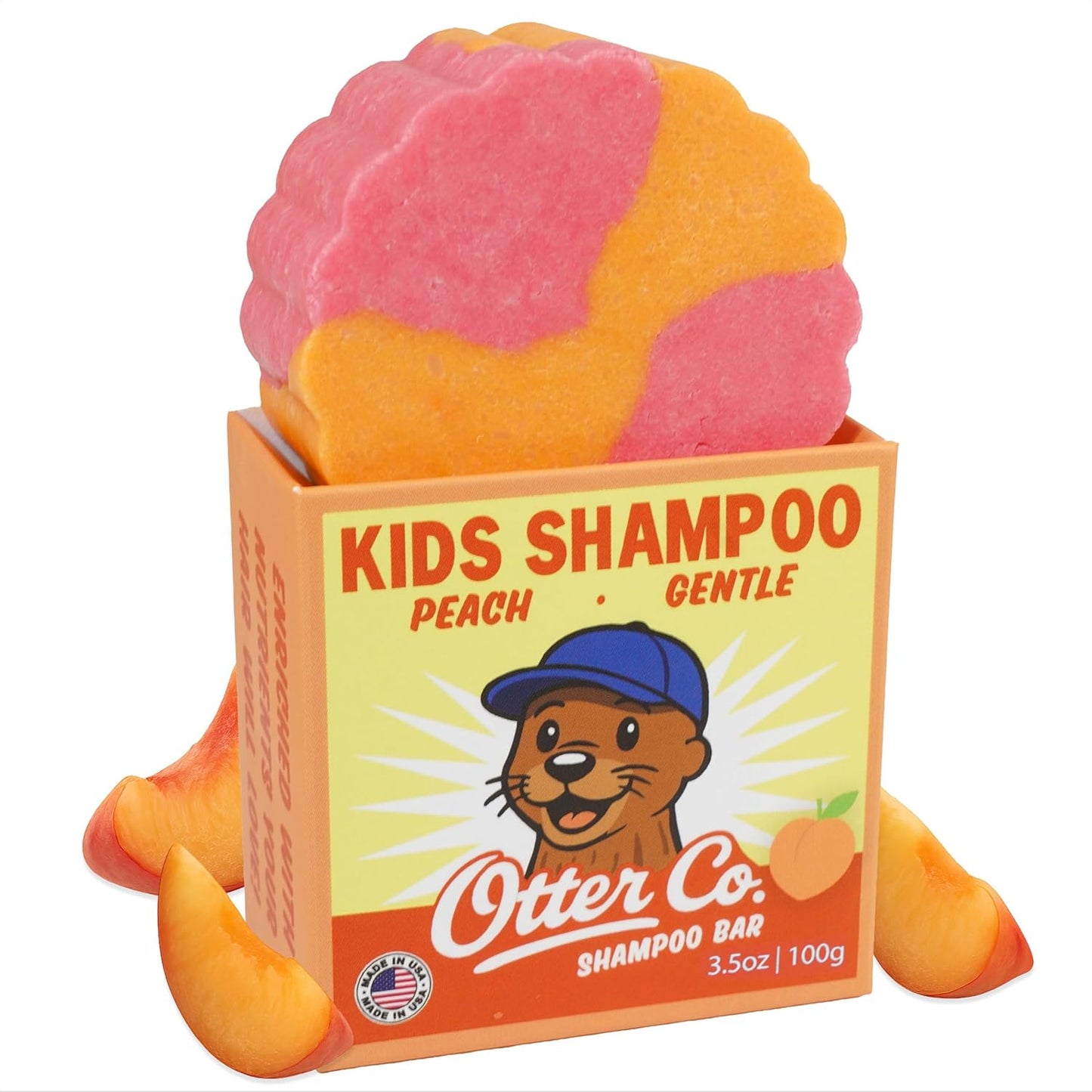Otter co. Kids Gentle Peach Shampoo Bar – Tear Free Toddler Shampoo – Sulfate Free & Non Toxic – Made with Organic Ingredients – Vegan, Cruelty Free, Natural & Hydrating for All Hair, Made in USA