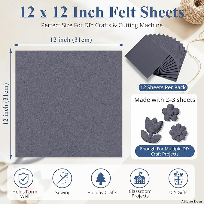 12" x 12" Felt Sheets for Crafts, 2mm Stiff Felt Fabric, Dark Gray | 2mm Thick