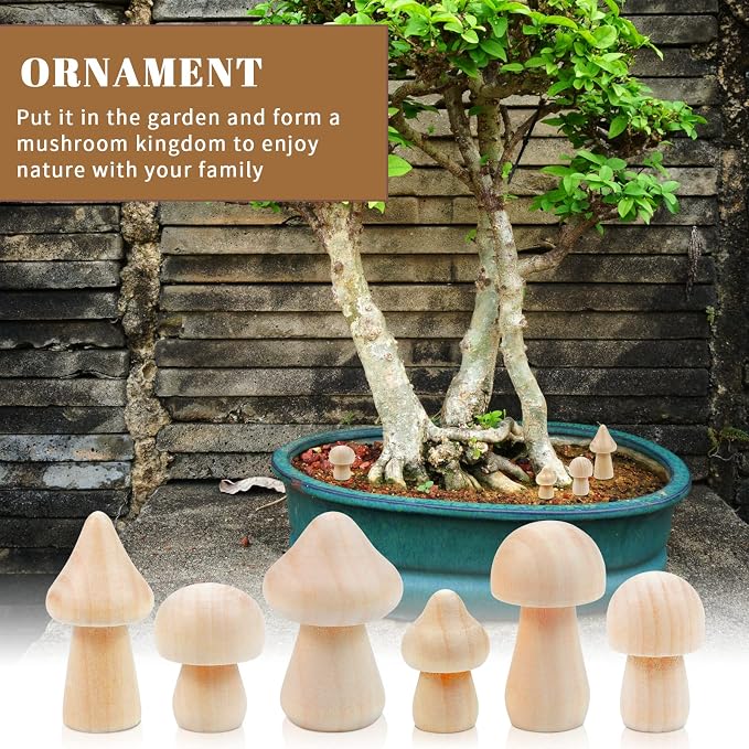 36 Pieces Unfinished Wooden Mushrooms 6 Size Natural Plain Unpainted Wooden