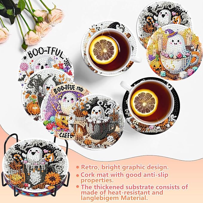 8 PCS Halloween Diamond Art Coasters Kits, Ghost Diamond Painting Coaster |