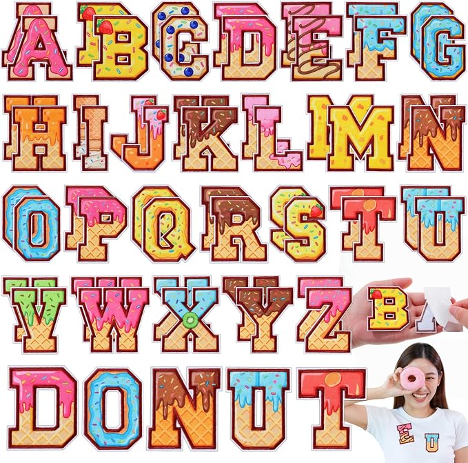 WILLBOND 52 Pcs Donut Alphabet Patches 2.8 Inch Self Adhesive Letter Patches