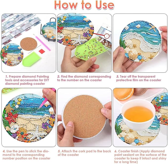 ijbnhd 8 Pack Diamond Art Coasters Kits Ocean | Diamond Painting Coasters Kit