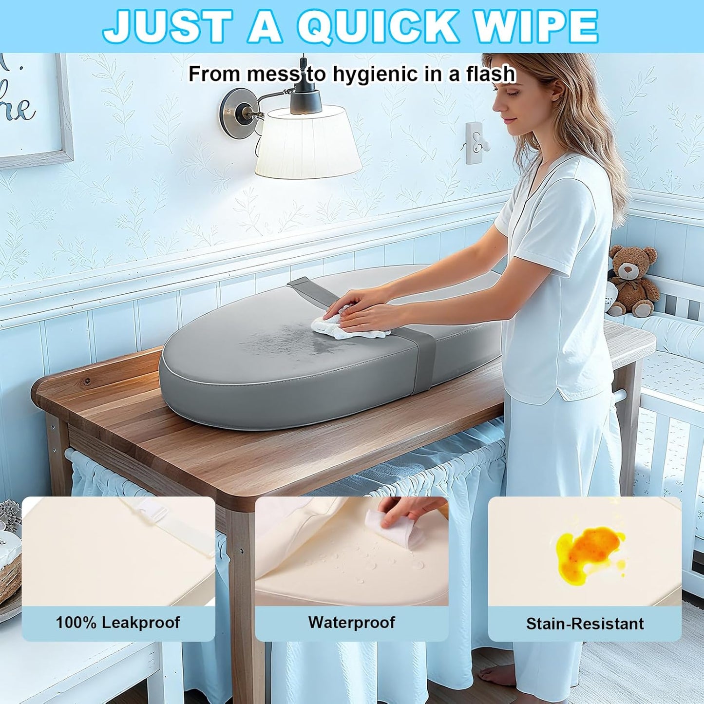 Baby Diaper Changing Pad, Wipeable Baby Changing Pad for Dresser, Contoured Waterproof Changing Pad with PU Cover, Non-Slip Safety Belt & Bottom, Portable, Lightweight