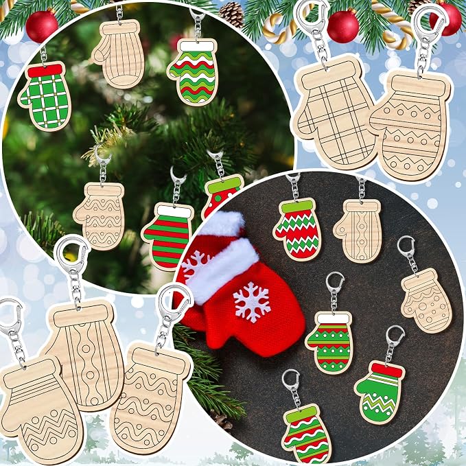 RattanView 24 Pcs Mitten Craft Color Your Own Keychains Diy Craft Wooden Blank
