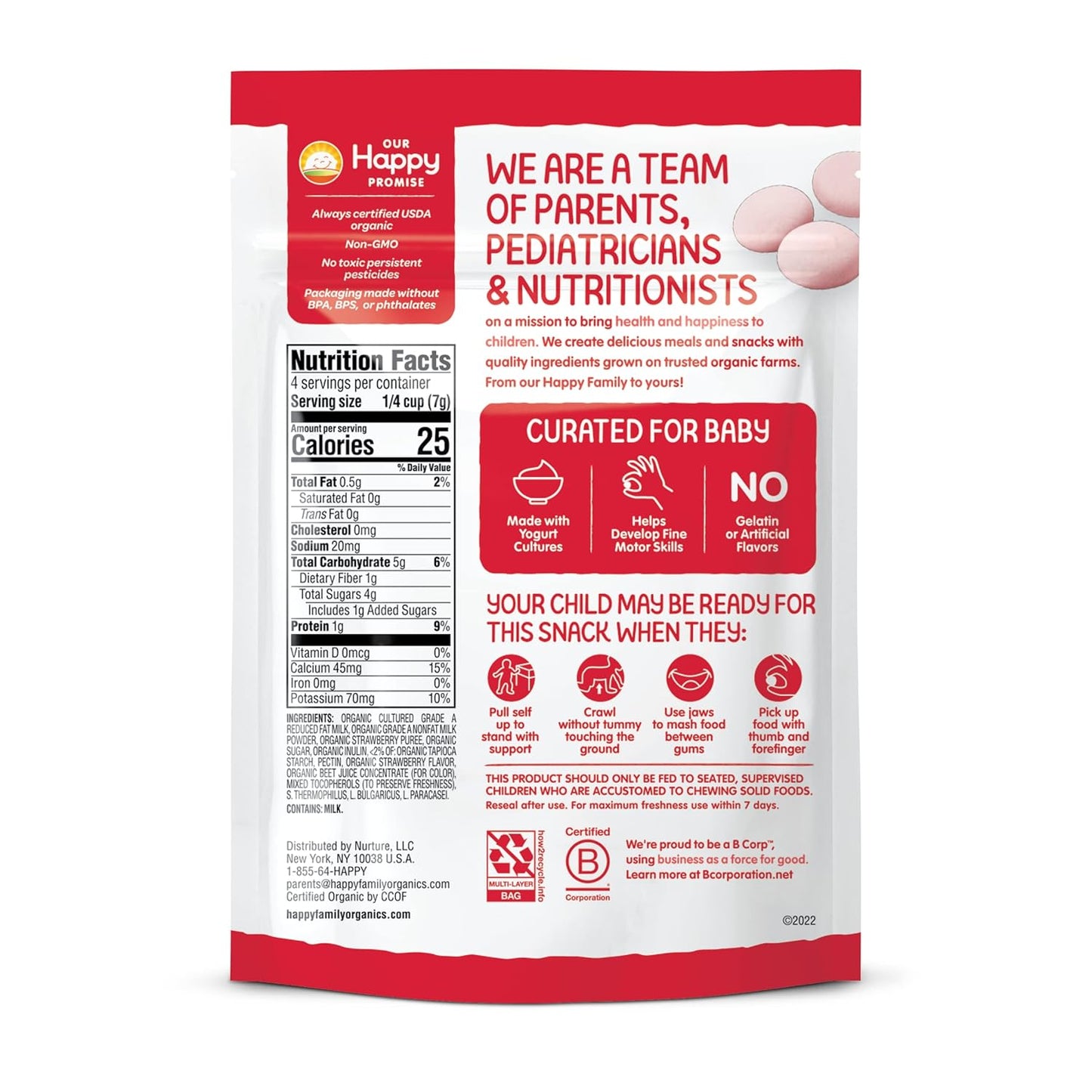 Happy Baby Organics Yogis Freeze-Dried Yogurt & Fruit Snack, Strawberry, 1 Ounce (Pack of 8) packaging may vary