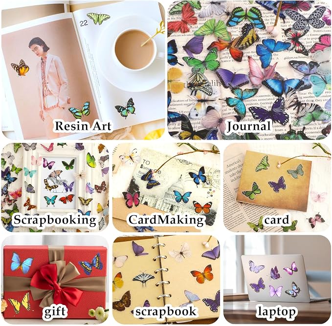 COMNICO 240PCS Butterfly Stickers, PET Waterproof Transparent Colorful Resin