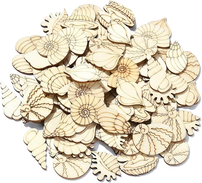 200 pcs Mixed Styles Sea Shell Theme Unfinished Wooden Cutout Charms Conch