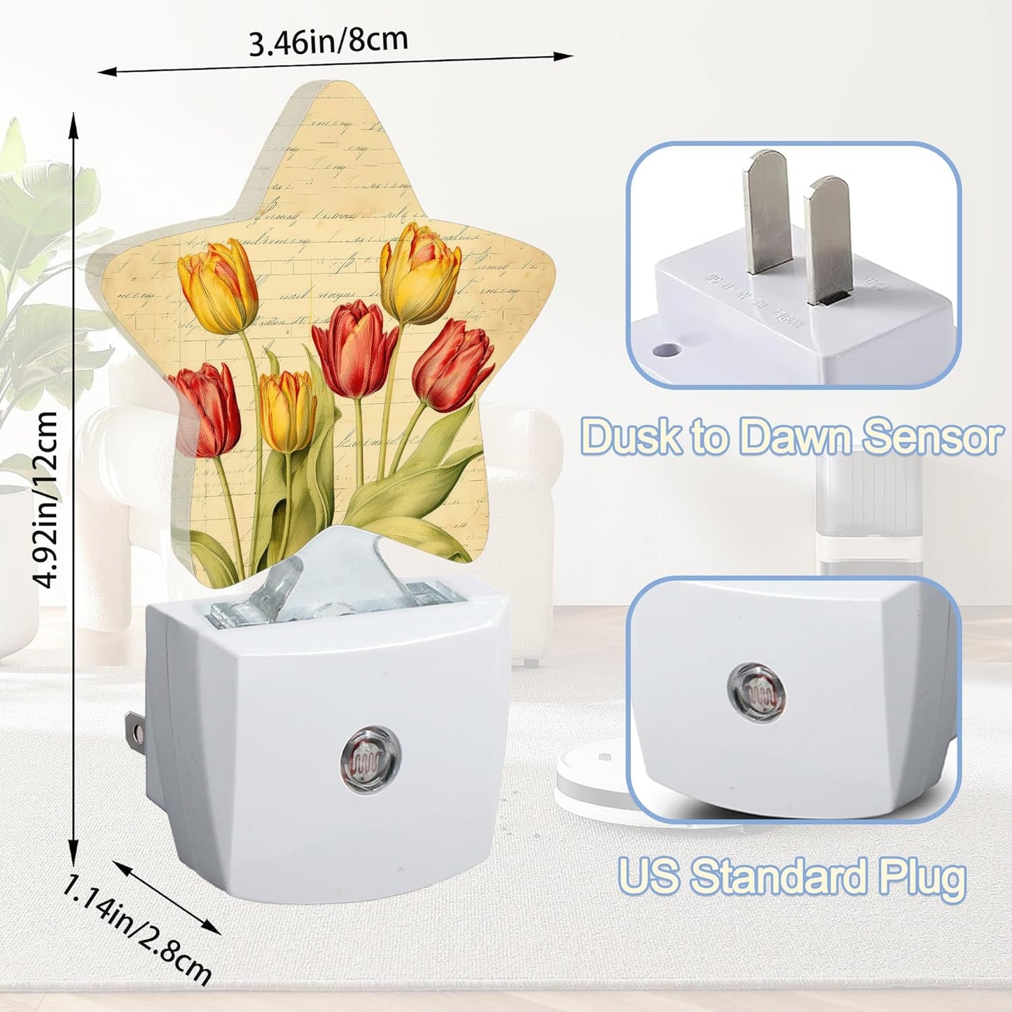 Vintage Tulips Nightlight,Spring Flowers Star Night Lights Plug into Wall Decorations for Bedroom Bathroom,Dusk to Dawn Sensor Kitchen Hallway Stairs Energy Efficient Desk Lamp