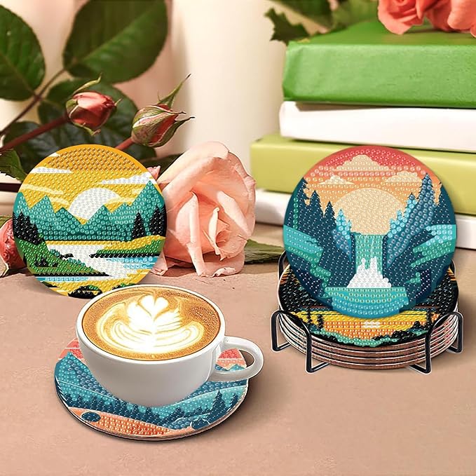Clendo 8 Pcs Landscape Diamond Art Coasters Kit