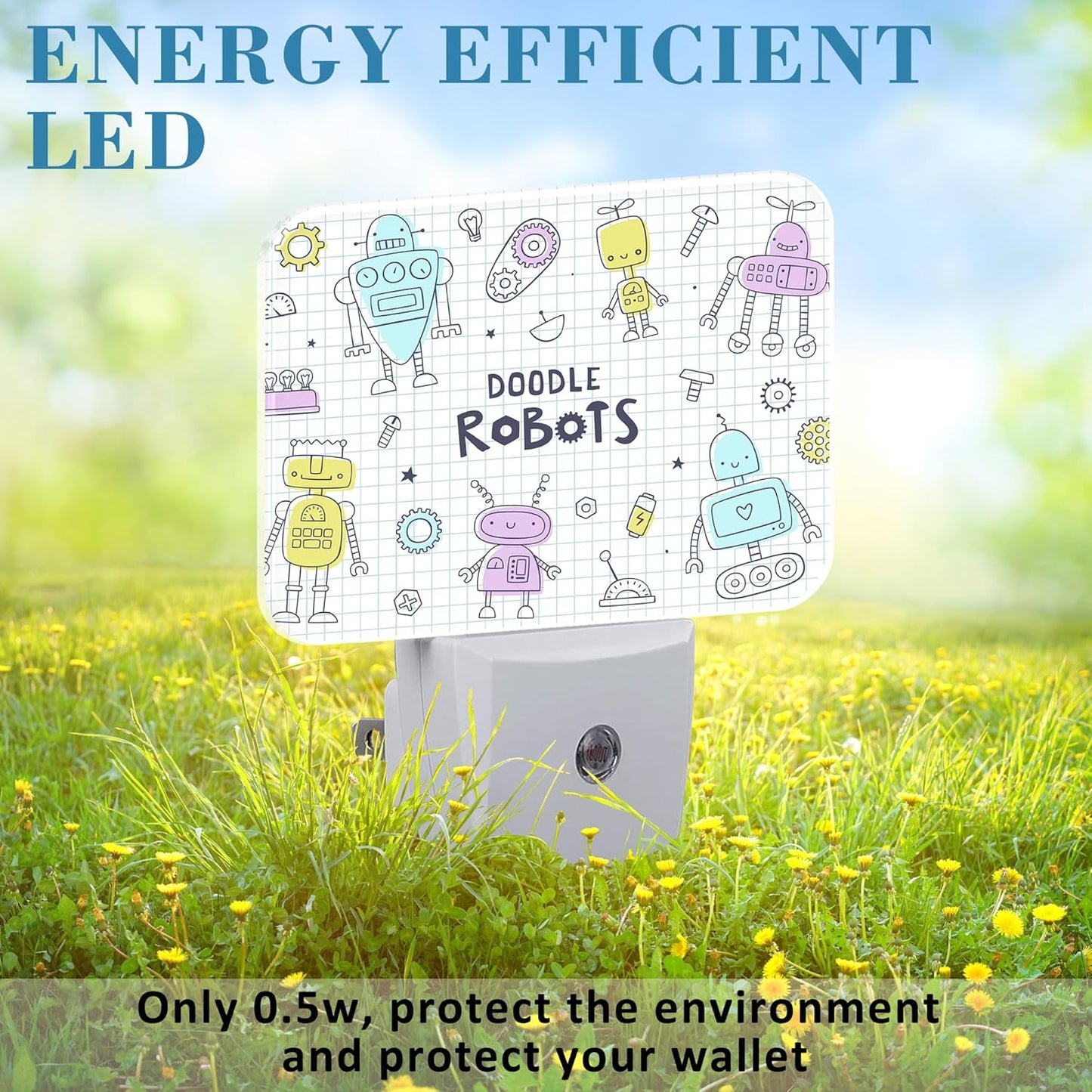 Doodle Cute Robots Night Light for Kids Girls Boys, Funny Robots LED Night Light Plug into Wall with Dusk to Dawn Sensor for Bedroom, Hallway, Kitchen, Bathroom, Stairs Decor