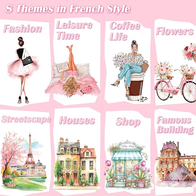 JOYCHOIC Paris Journaling Sticker Set, 18 Sheets PET Junk Journal Stickers