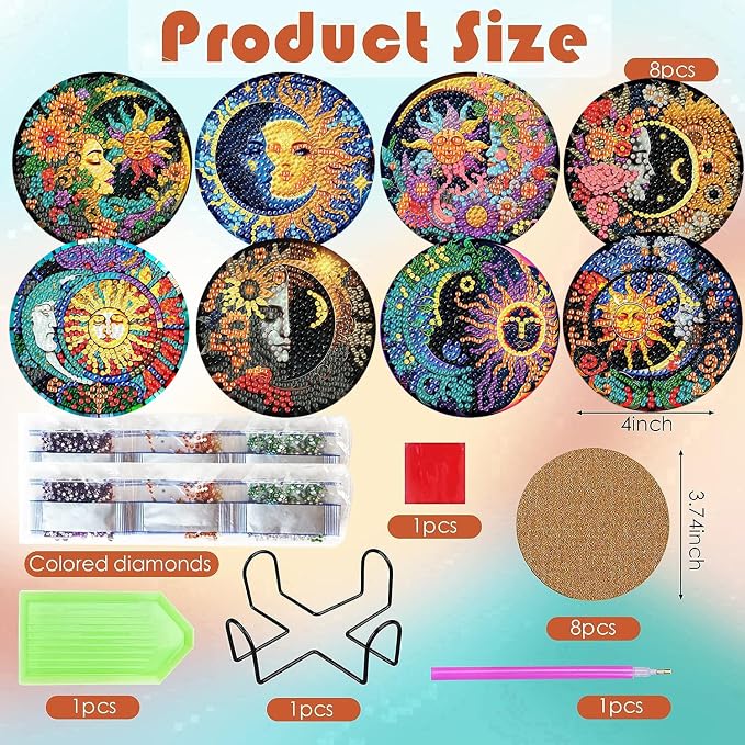 ijbnhd 8 Pcs Sun & Moon Diamond Art Coasters