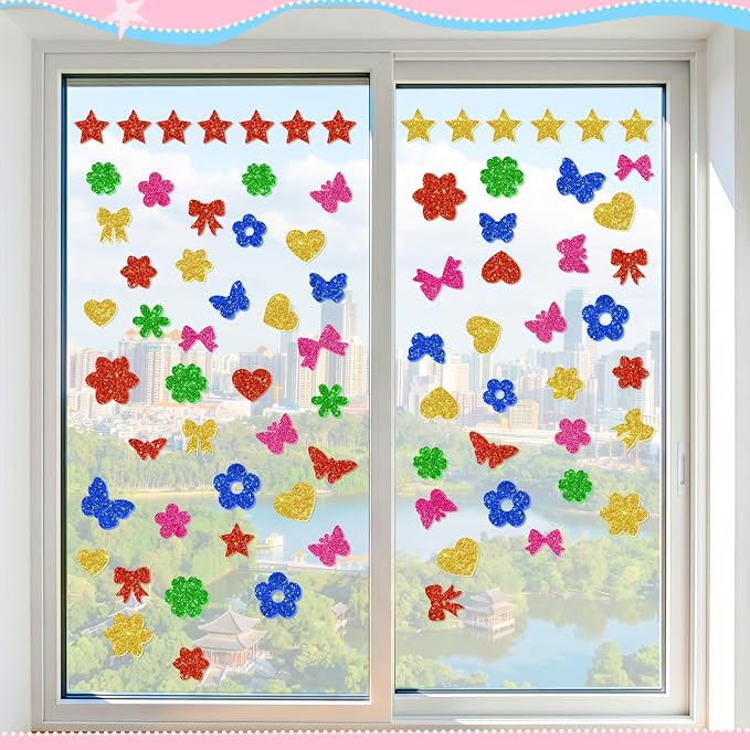 500Pcs Foam Stickers Glitter Colorful Flower Butterfly Bow Shapes Stickers