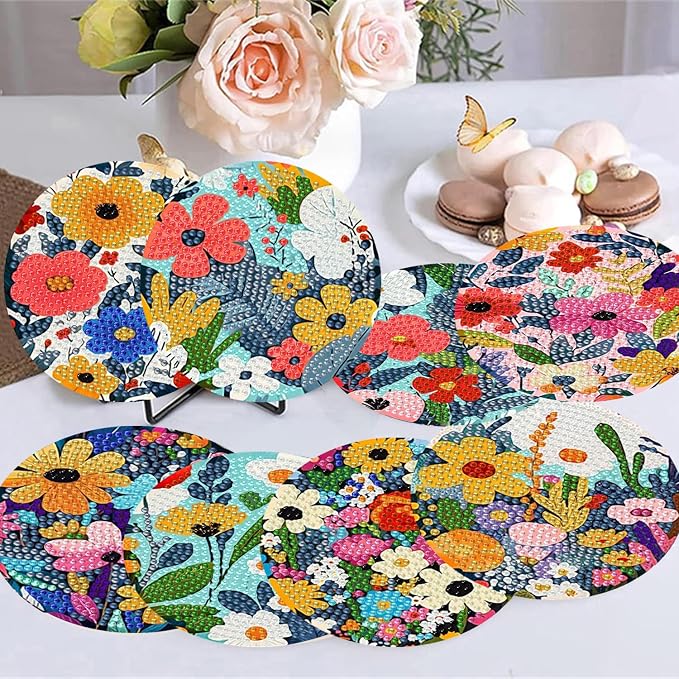 8 Pack Diamond Art Coasters, Wildflowers Diamond Painting Coasters Kits |