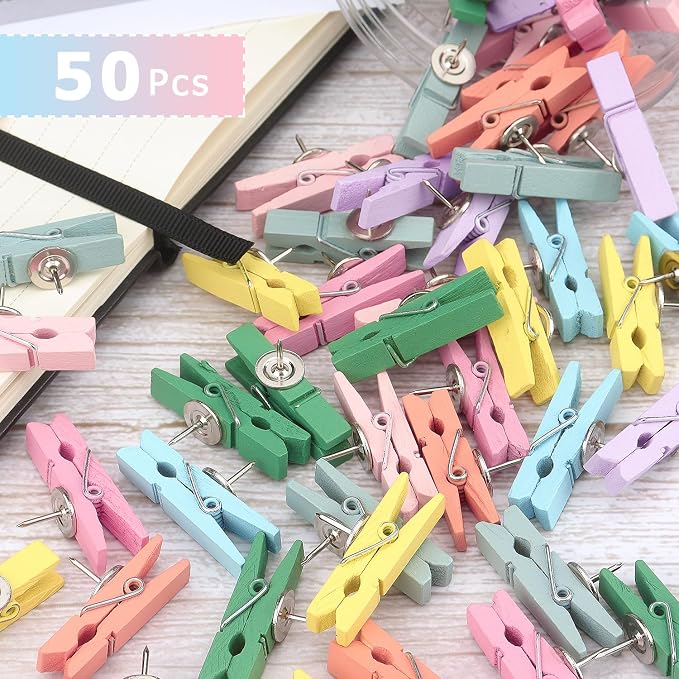 50 PCS Wooden Clips Push Pins Tacks