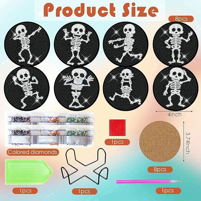 ijbnhd 8 PCS Skull Diamond Art Coasters 4X4inch | Skull Diamond Painting