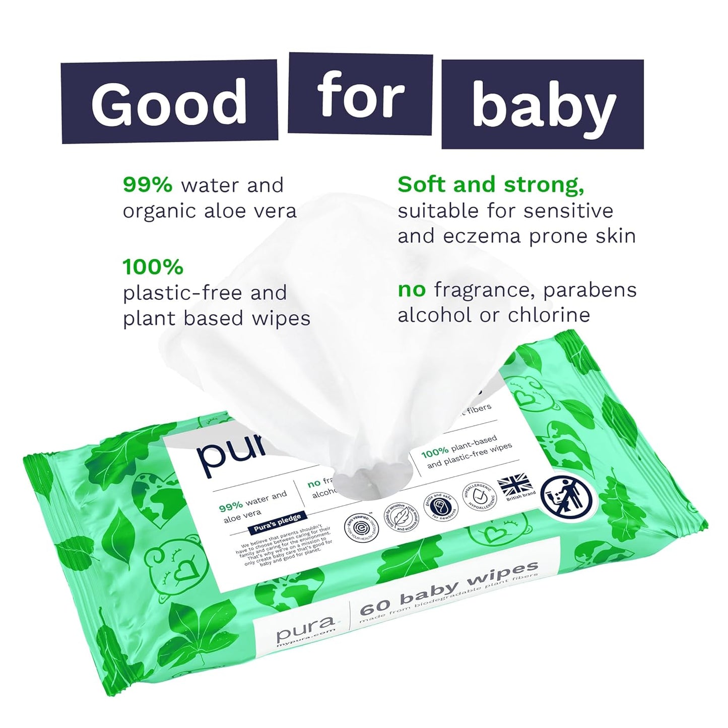 Pura Natural Sensitive Baby Wipes, 99% Water, Unscented & Hypoallergenic, Suitable for Sensitive & Eczema-prone Skin, Fragrance Free & Hypoallergenic, EWG Verified, 3 x 60 per pack (180 Wipes)