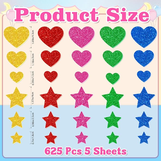 625Pcs Foam Stickers Glitter Colorful Heart Star Shapes Stickers 5Sheets 3D