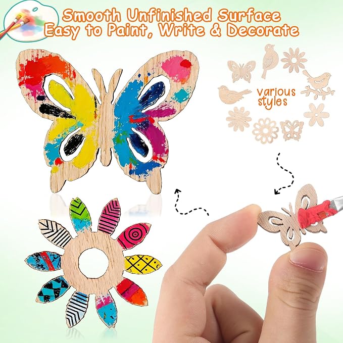 Amosfun 100PCS Wooden Cutouts for Crafts, Unfinished Wood Flowers Bird and